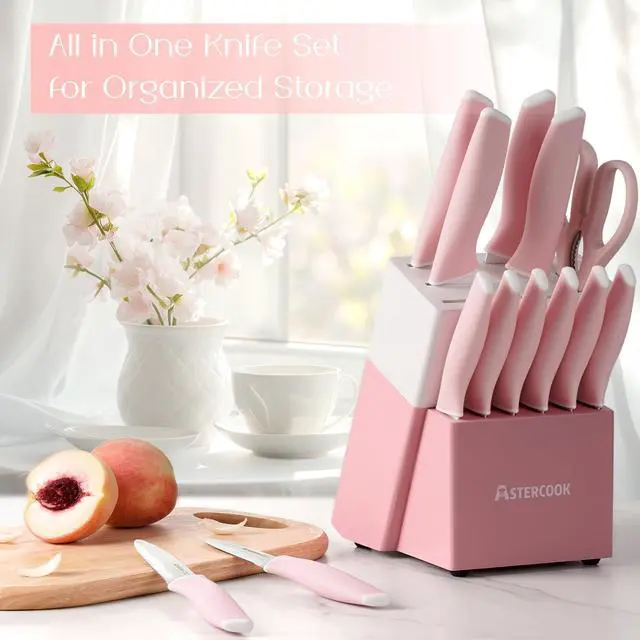 Alt view image 3 of 7 - Knife Set, Kitchen Knives Set with Block and Sharpener 15 Pcs German Stainless Steel Knives Sharp Blade Dishwasher Safe Deba Knives with Ergonomic Handle, Crystal Pink