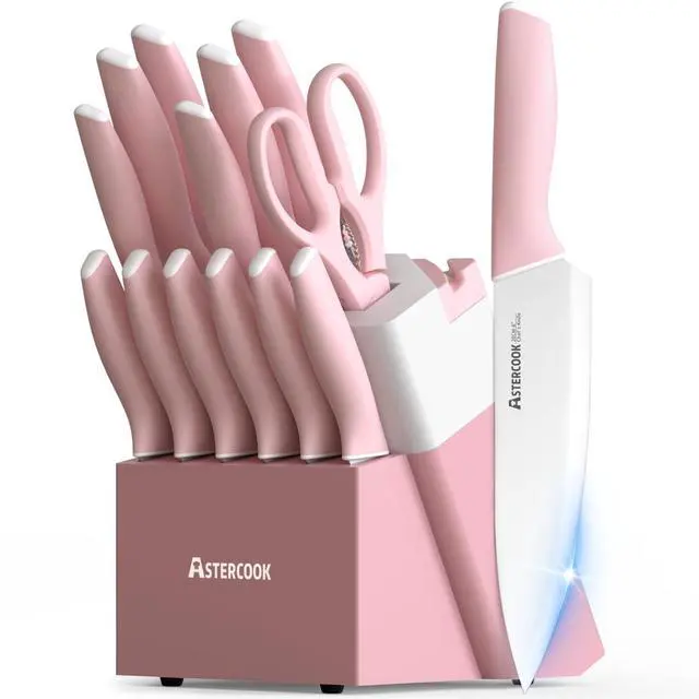 Main image of Knife Set, Kitchen Knives Set with Block and Sharpener 15 Pcs German Stainless Steel Knives Sharp Blade Dishwasher Safe Deba Knives with Ergonomic Handle, Crystal Pink