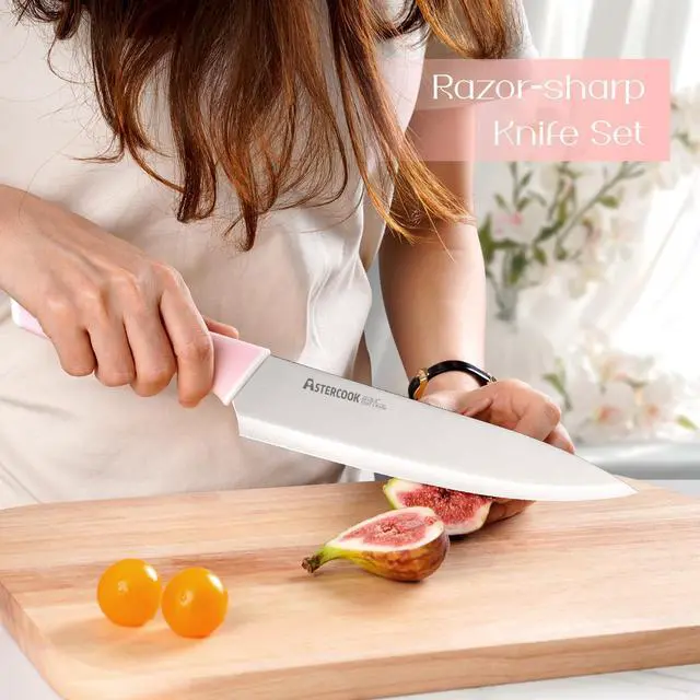 Alt view image 2 of 7 - Knife Set, Kitchen Knives Set with Block and Sharpener 15 Pcs German Stainless Steel Knives Sharp Blade Dishwasher Safe Deba Knives with Ergonomic Handle, Crystal Pink