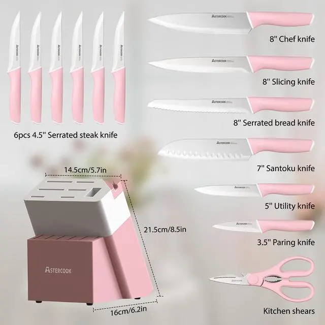 Alt view image 5 of 7 - Knife Set, Kitchen Knives Set with Block and Sharpener 15 Pcs German Stainless Steel Knives Sharp Blade Dishwasher Safe Deba Knives with Ergonomic Handle, Crystal Pink