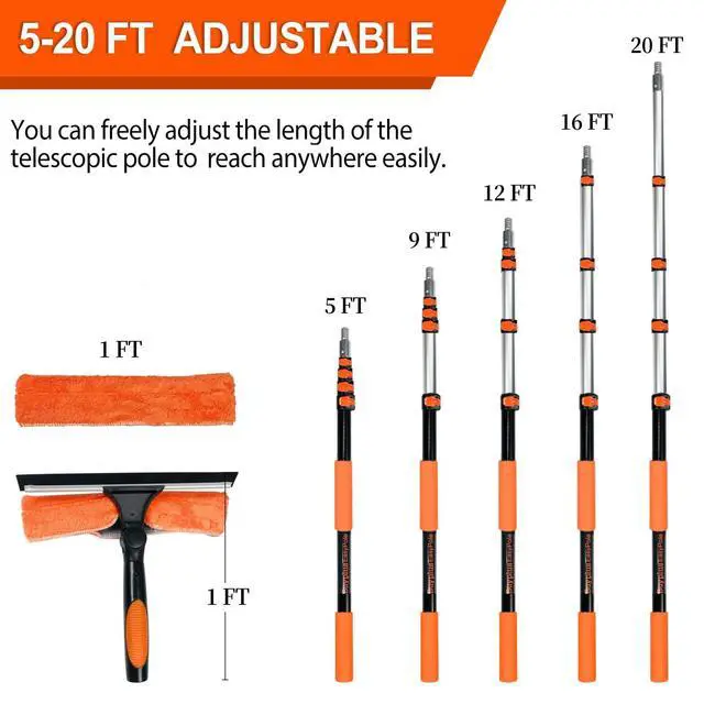 Alt view image 3 of 6 - 26Ft High Reach Squeegee for Window Cleaning Kit with 5 to 20 Foot Extension Pole, Extendable Window Cleaner Squeegee, Telescopic Window Washing Kit for Indoor/Outdoor High Window