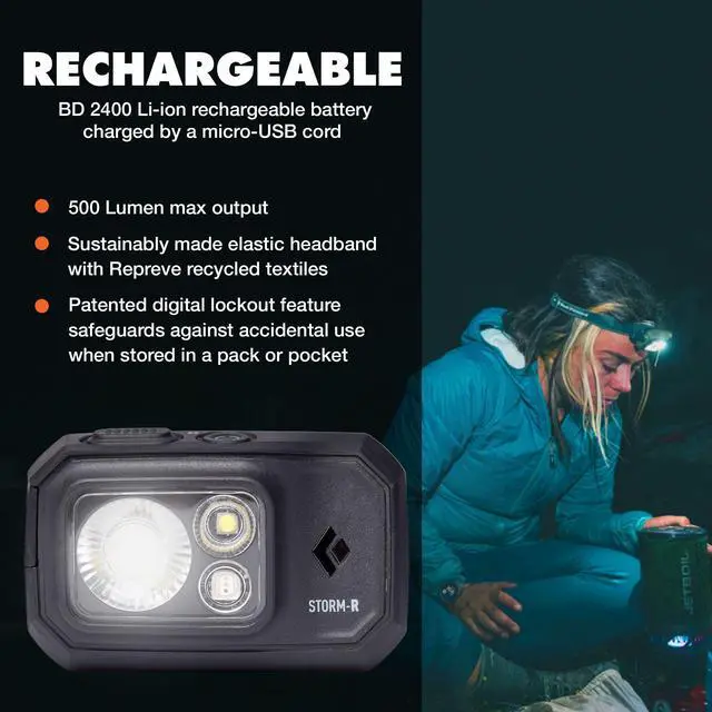 Alt view image 2 of 6 - Storm 500-R Rechargeable Headlamp | 500 Lumens Brightness | Micro-USB Charging | Waterproof & Compact | Camping, Hiking, Running | Black