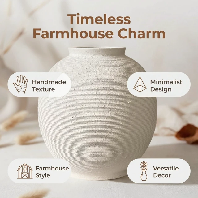 Alt view image 3 of 7 - Large White Ceramic Vase Home Decor, Round Rustic Table Vases Farmhouse Living Room Entrway Kitchen Bedroom DecorationsMinimalist Hand-Made Textured Vase (10.8 Sandstone White)