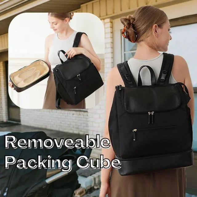 Alt view image 2 of 6 - Diaper Bag Backpack - Large Baby Diaper Bag with 14 Pocket, Leather & Nylon Travel Diaper Backpack for Mom, Breast Pump Bag, Removable Cooler Compartment, Double Layer, Black