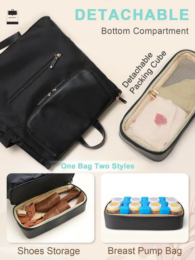 Alt view image 3 of 6 - Diaper Bag Backpack - Large Baby Diaper Bag with 14 Pocket, Leather & Nylon Travel Diaper Backpack for Mom, Breast Pump Bag, Removable Cooler Compartment, Double Layer, Black