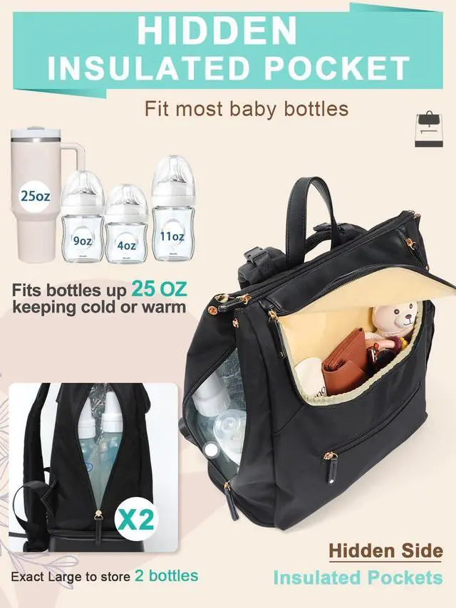 Alt view image 4 of 6 - Diaper Bag Backpack - Large Baby Diaper Bag with 14 Pocket, Leather & Nylon Travel Diaper Backpack for Mom, Breast Pump Bag, Removable Cooler Compartment, Double Layer, Black