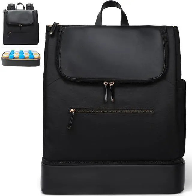 Main image of Diaper Bag Backpack - Large Baby Diaper Bag with 14 Pocket, Leather & Nylon Travel Diaper Backpack for Mom, Breast Pump Bag, Removable Cooler Compartment, Double Layer, Black