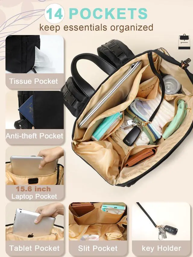 Alt view image 6 of 6 - Diaper Bag Backpack - Large Baby Diaper Bag with 14 Pocket, Leather & Nylon Travel Diaper Backpack for Mom, Breast Pump Bag, Removable Cooler Compartment, Double Layer, Black