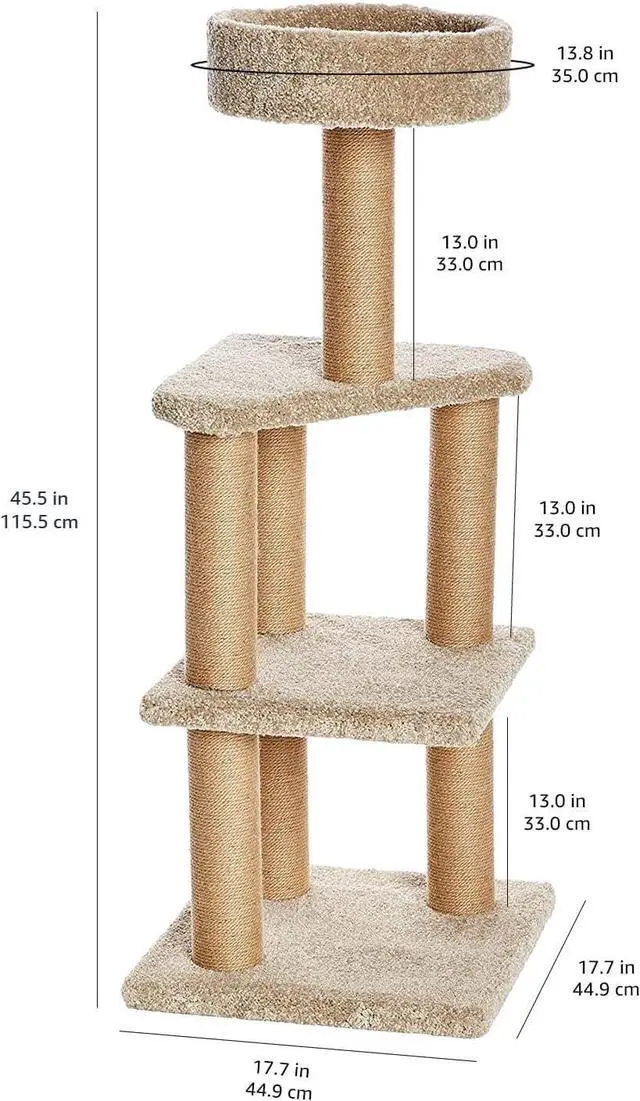 Alt view image 2 of 7 - Cat Tree Tower - Multi-Level Climbing Activity Center for Indoor Cats & Kittens with Scratching Posts, Platform, Jute Rope, Large (45.9"H), Beige