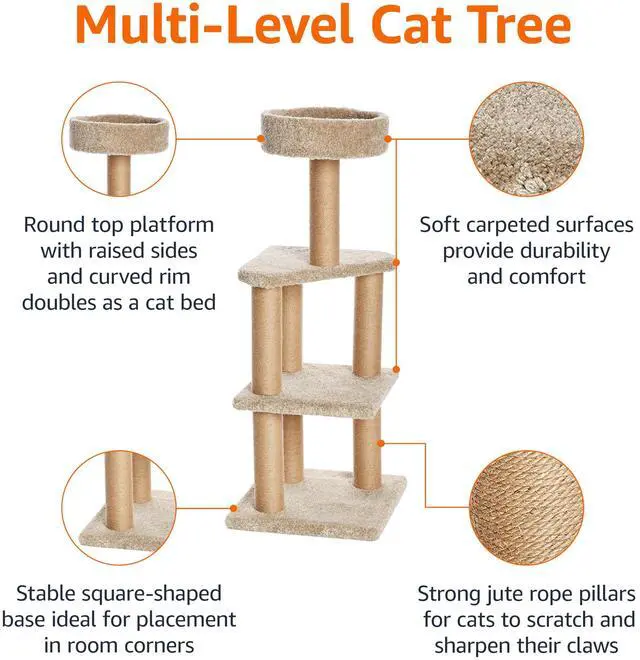 Alt view image 3 of 7 - Cat Tree Tower - Multi-Level Climbing Activity Center for Indoor Cats & Kittens with Scratching Posts, Platform, Jute Rope, Large (45.9"H), Beige