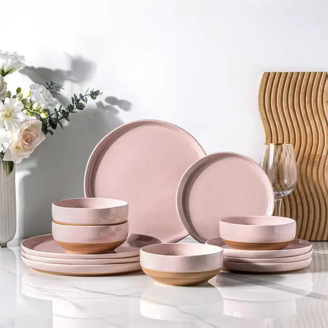Main image of Ceramic Dinnerware Sets for 4, 12 Pieces Handpainted Plates and Bowls Set with Rustic Terracotta Underside, Scratch Resistant Stoneware Dishes Set, Dishwasher & Microwave Safe, Cloud Pink