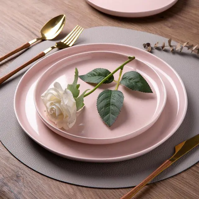 Alt view image 2 of 7 - Ceramic Dinnerware Sets for 4, 12 Pieces Handpainted Plates and Bowls Set with Rustic Terracotta Underside, Scratch Resistant Stoneware Dishes Set, Dishwasher & Microwave Safe, Cloud Pink