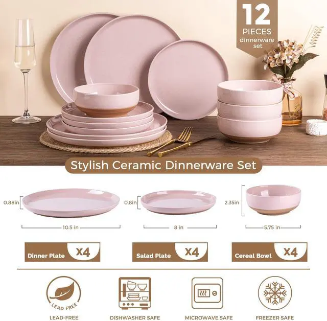 Alt view image 3 of 7 - Ceramic Dinnerware Sets for 4, 12 Pieces Handpainted Plates and Bowls Set with Rustic Terracotta Underside, Scratch Resistant Stoneware Dishes Set, Dishwasher & Microwave Safe, Cloud Pink