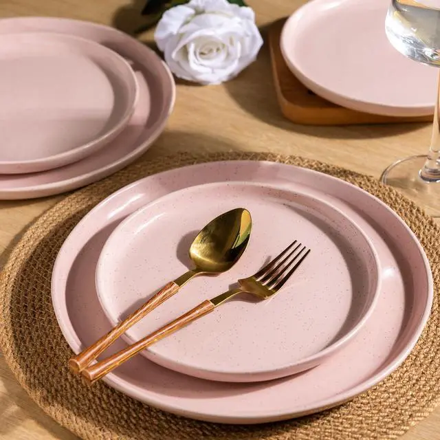 Alt view image 4 of 7 - Ceramic Dinnerware Sets for 4, 12 Pieces Handpainted Plates and Bowls Set with Rustic Terracotta Underside, Scratch Resistant Stoneware Dishes Set, Dishwasher & Microwave Safe, Cloud Pink