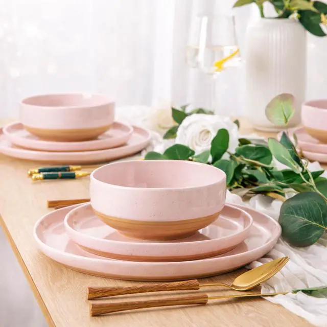 Alt view image 5 of 7 - Ceramic Dinnerware Sets for 4, 12 Pieces Handpainted Plates and Bowls Set with Rustic Terracotta Underside, Scratch Resistant Stoneware Dishes Set, Dishwasher & Microwave Safe, Cloud Pink