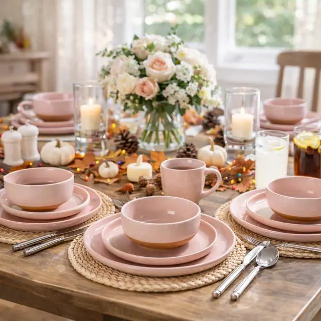 Alt view image 6 of 7 - Ceramic Dinnerware Sets for 4, 12 Pieces Handpainted Plates and Bowls Set with Rustic Terracotta Underside, Scratch Resistant Stoneware Dishes Set, Dishwasher & Microwave Safe, Cloud Pink