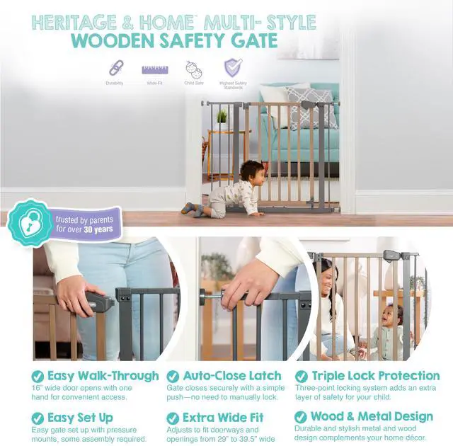 Alt view image 3 of 7 - SAFETY 39" Extra Wide Wood Accent Baby Gate, Pressure Mount for Doorways & Bottom of Stairs, Babies, Toddlers & Pets, Ages 624 Months, TESTED & TRUSTED, AMERICAN DESIGNED, FAMILY OWNED
