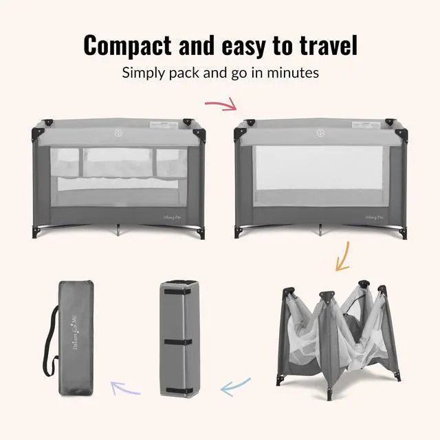 Alt view image 4 of 7 - Zazzy Portable Playard with Bassinet - 360° Mesh Visibility, Quick Folding Travel Friendly Design, Carry Bag and Foldable Mattress Pad Included, Compact and Lightweight - Gray