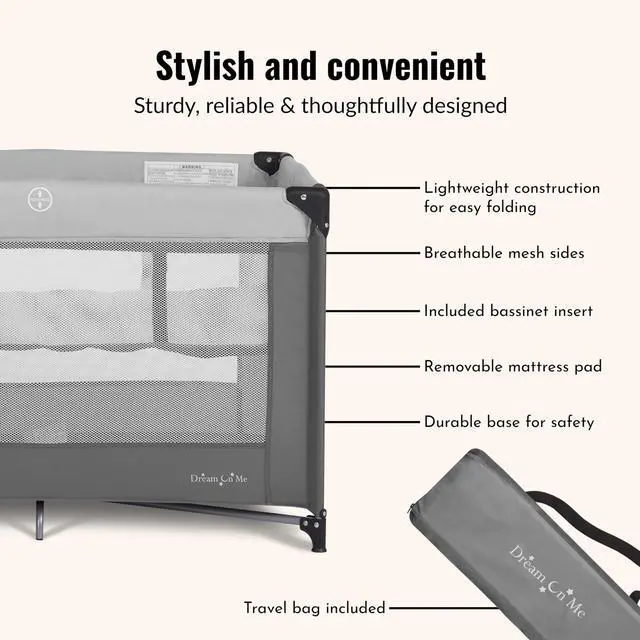 Alt view image 5 of 7 - Zazzy Portable Playard with Bassinet - 360° Mesh Visibility, Quick Folding Travel Friendly Design, Carry Bag and Foldable Mattress Pad Included, Compact and Lightweight - Gray