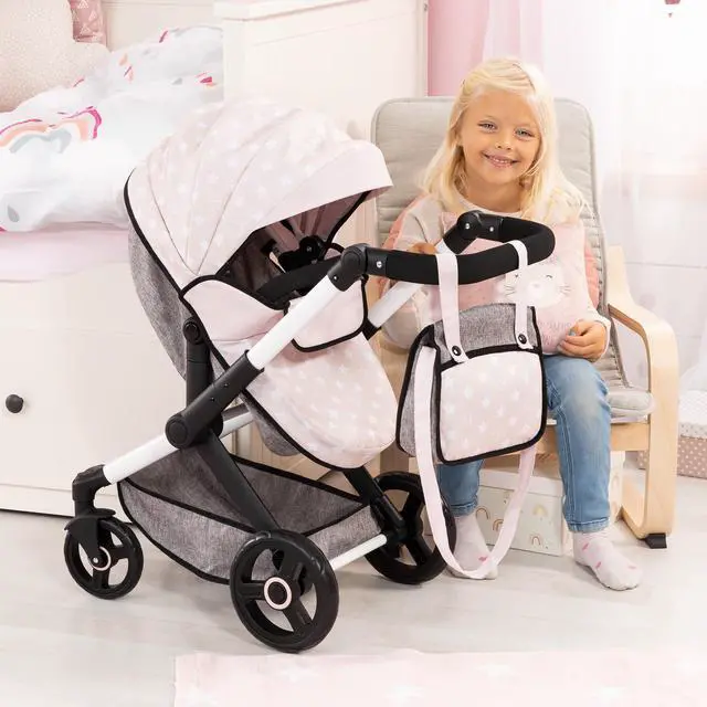 Alt view image 6 of 6 - : Pram Xeo - Gray & White Stars - Accessory for Dolls Up to 18", Shoulder Bag, Convertible to Pushchair, Foldable, Kids Toy, Ages 3+