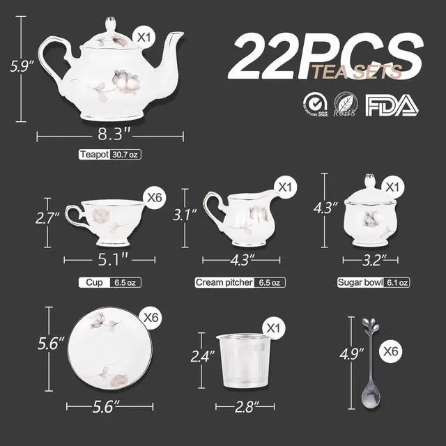 Alt view image 3 of 6 - CHENP.HMC Porcelain Ceramic 22-Piece Tea Set, Teapot and Cup Set, 30.7 Ounces, for 6, Gift Sets, Tea or Coffee Lovers, Wedding, Birthday