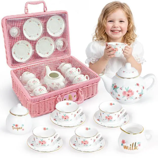 Main image of Porcelain Tea Set for Toddlers, Tea Party Set for Little Girls, Pink Floral Teapot Cup Saucer Carry Case, Princess Party Pretend Play Kids Toys, Toddler Girl Birthday Gifts Age 3 - 8 Years Old