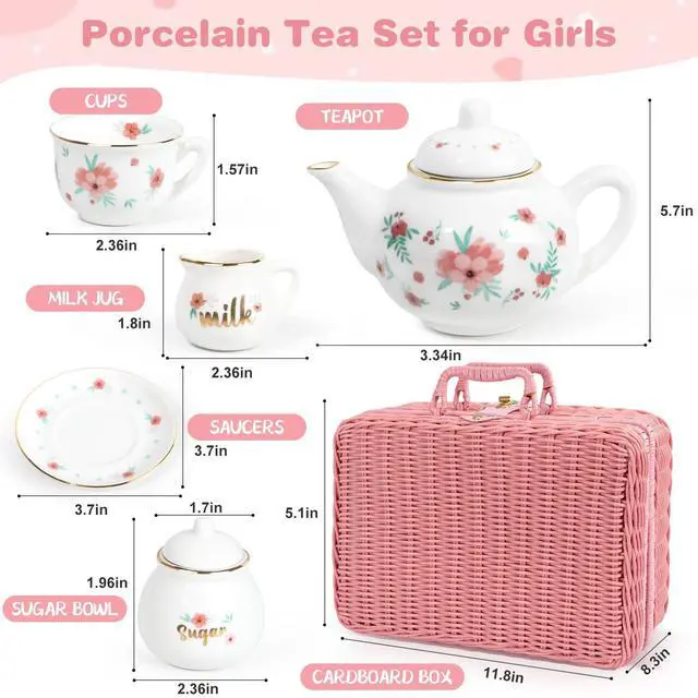 Alt view image 2 of 7 - Porcelain Tea Set for Toddlers, Tea Party Set for Little Girls, Pink Floral Teapot Cup Saucer Carry Case, Princess Party Pretend Play Kids Toys, Toddler Girl Birthday Gifts Age 3 - 8 Years Old