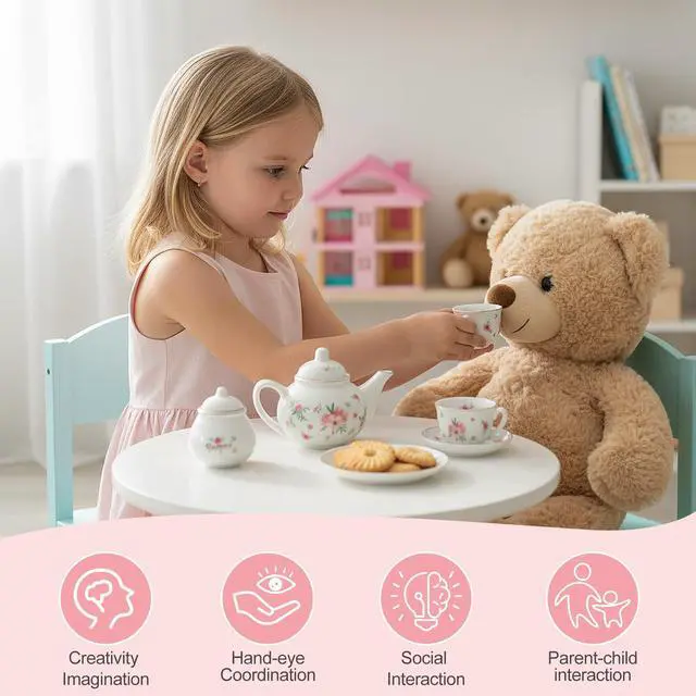 Alt view image 3 of 7 - Porcelain Tea Set for Toddlers, Tea Party Set for Little Girls, Pink Floral Teapot Cup Saucer Carry Case, Princess Party Pretend Play Kids Toys, Toddler Girl Birthday Gifts Age 3 - 8 Years Old