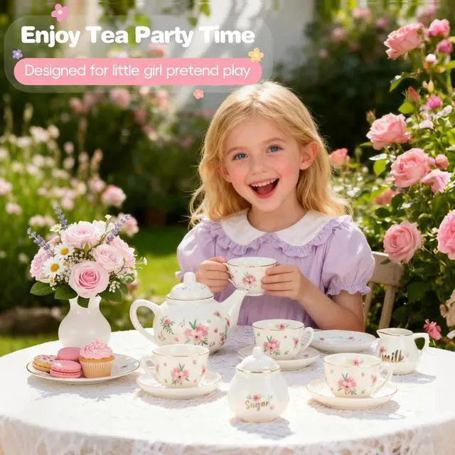 Alt view image 4 of 7 - Porcelain Tea Set for Toddlers, Tea Party Set for Little Girls, Pink Floral Teapot Cup Saucer Carry Case, Princess Party Pretend Play Kids Toys, Toddler Girl Birthday Gifts Age 3 - 8 Years Old
