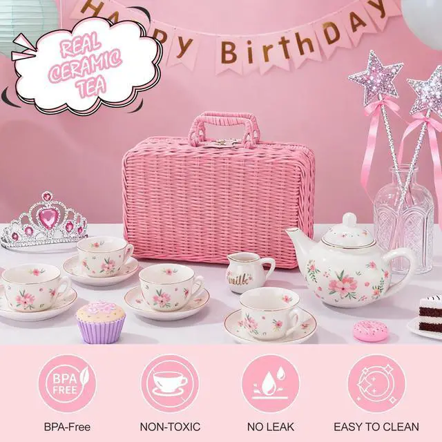 Alt view image 6 of 7 - Porcelain Tea Set for Toddlers, Tea Party Set for Little Girls, Pink Floral Teapot Cup Saucer Carry Case, Princess Party Pretend Play Kids Toys, Toddler Girl Birthday Gifts Age 3 - 8 Years Old