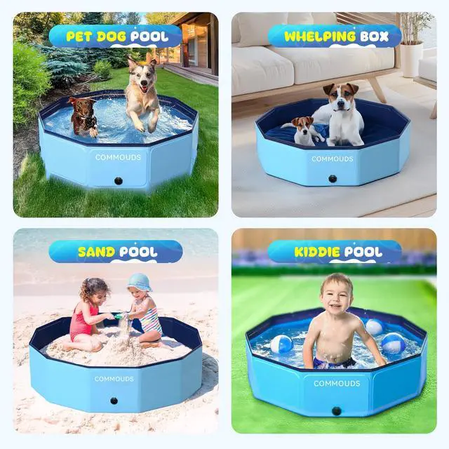 Alt view image 7 of 7 - COMMOUDS Foldable Dog Pool, Collapsible Hard Plastic Dog Kiddie Swimming Pool, Portable Pet Bath Tub Wading Pools for Kids and Puppy Small Medium Large Dogs(71inch.D x 12inch.H)