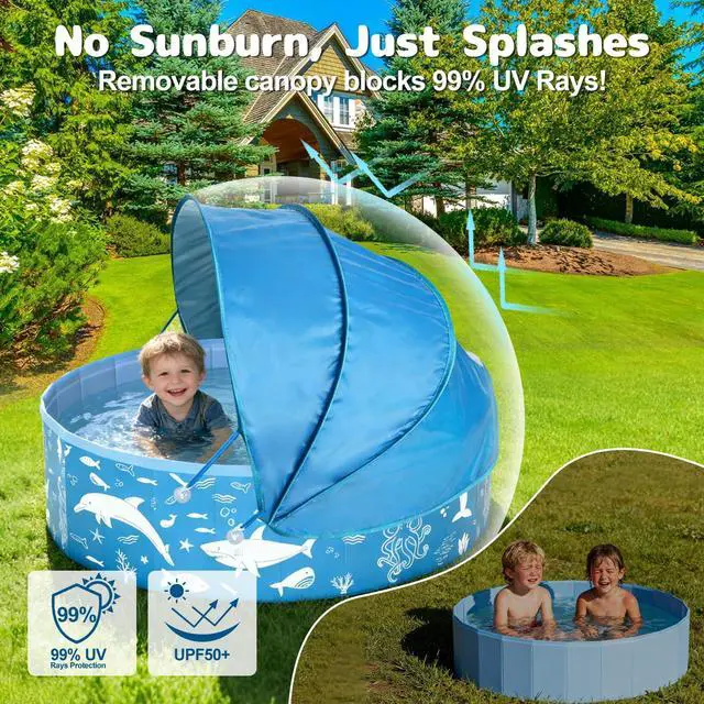 Alt view image 2 of 7 - 63 Extra Large Kiddie Pool with Canopy, EPN UPF 50+ Sun Shade Baby Pool, No Inflation Foldable Toddler Pool for Backyard Outdoor & Beach, Portable Thickened PVC BPA-Free Kids Water Play Pool, Blue