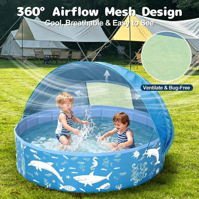 Alt view image 3 of 7 - 63 Extra Large Kiddie Pool with Canopy, EPN UPF 50+ Sun Shade Baby Pool, No Inflation Foldable Toddler Pool for Backyard Outdoor & Beach, Portable Thickened PVC BPA-Free Kids Water Play Pool, Blue