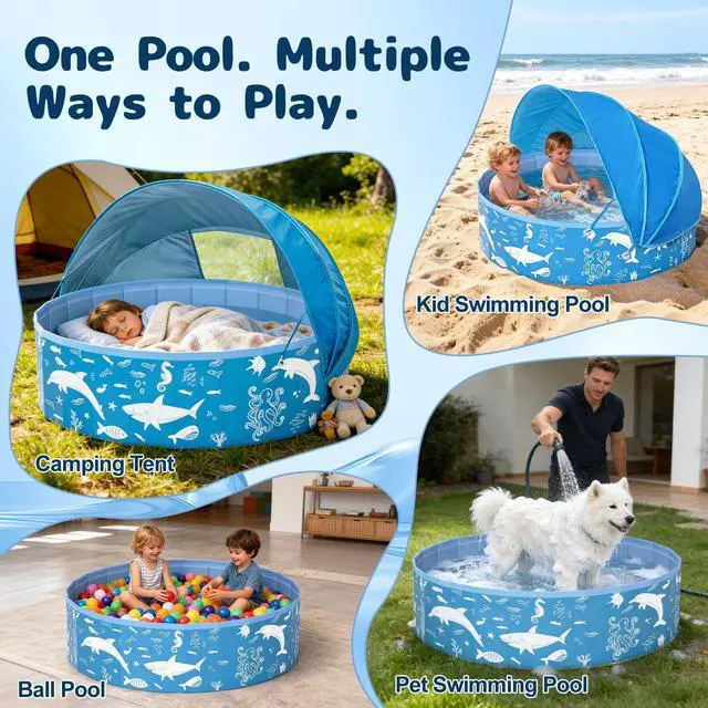 Alt view image 6 of 7 - 63 Extra Large Kiddie Pool with Canopy, EPN UPF 50+ Sun Shade Baby Pool, No Inflation Foldable Toddler Pool for Backyard Outdoor & Beach, Portable Thickened PVC BPA-Free Kids Water Play Pool, Blue