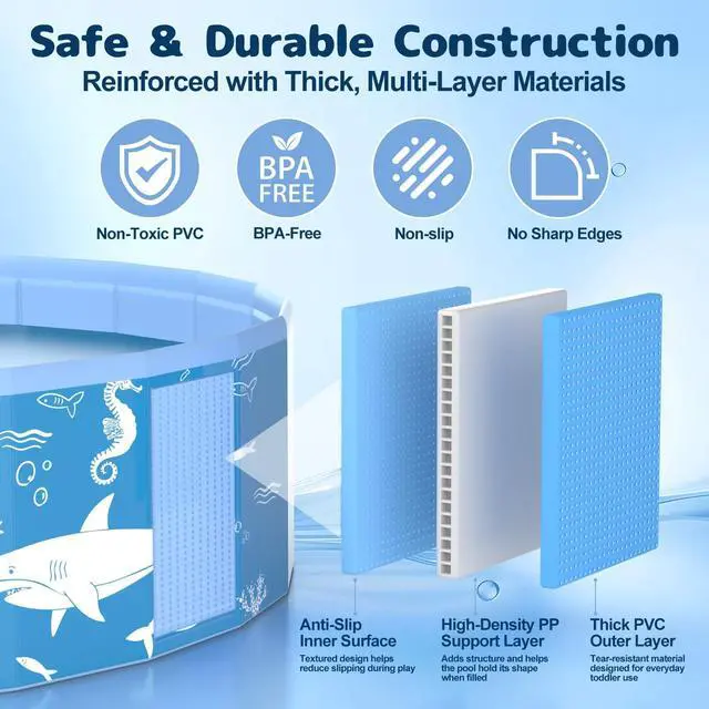 Alt view image 5 of 7 - 63 Extra Large Kiddie Pool with Canopy, EPN UPF 50+ Sun Shade Baby Pool, No Inflation Foldable Toddler Pool for Backyard Outdoor & Beach, Portable Thickened PVC BPA-Free Kids Water Play Pool, Blue