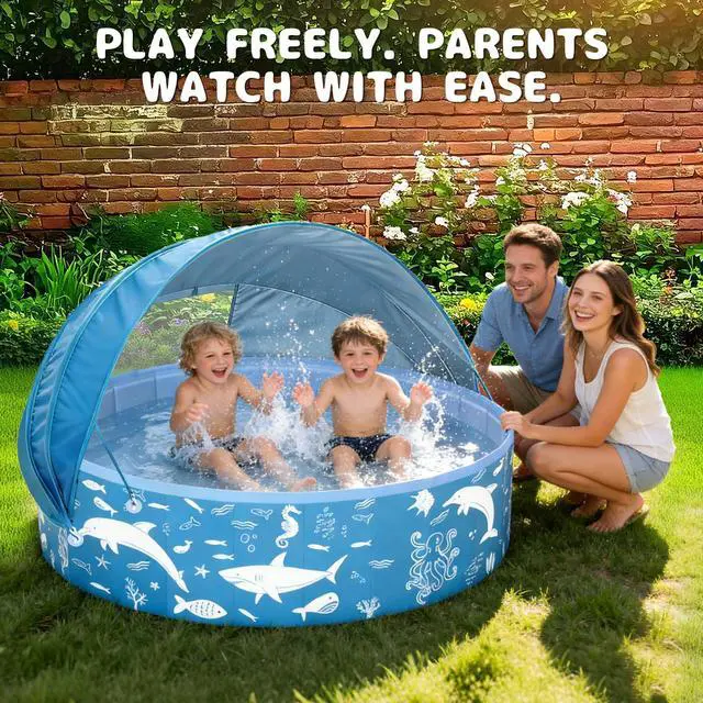 Alt view image 4 of 7 - 63 Extra Large Kiddie Pool with Canopy, EPN UPF 50+ Sun Shade Baby Pool, No Inflation Foldable Toddler Pool for Backyard Outdoor & Beach, Portable Thickened PVC BPA-Free Kids Water Play Pool, Blue