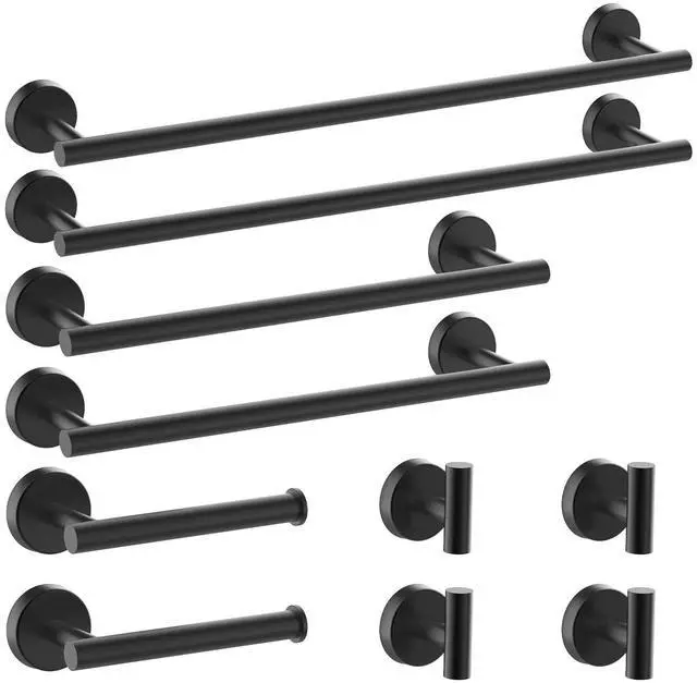 Main image of Newfun 10 Pieces Matte Black Bathroom Hardware Set - Includes 24 inch Towel Bar, Robe Hook, Toilet Paper Holder, Stainless Steel Bathroom Accessories Set for Bathroom Wall Mounted