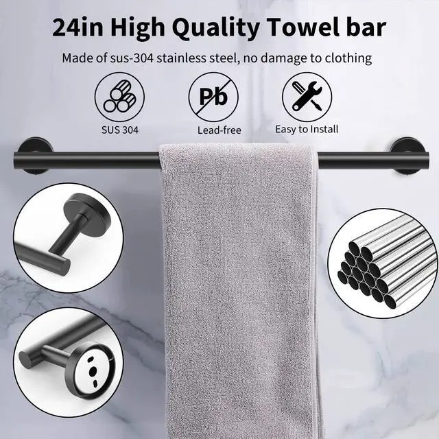 Alt view image 2 of 7 - Newfun 10 Pieces Matte Black Bathroom Hardware Set - Includes 24 inch Towel Bar, Robe Hook, Toilet Paper Holder, Stainless Steel Bathroom Accessories Set for Bathroom Wall Mounted