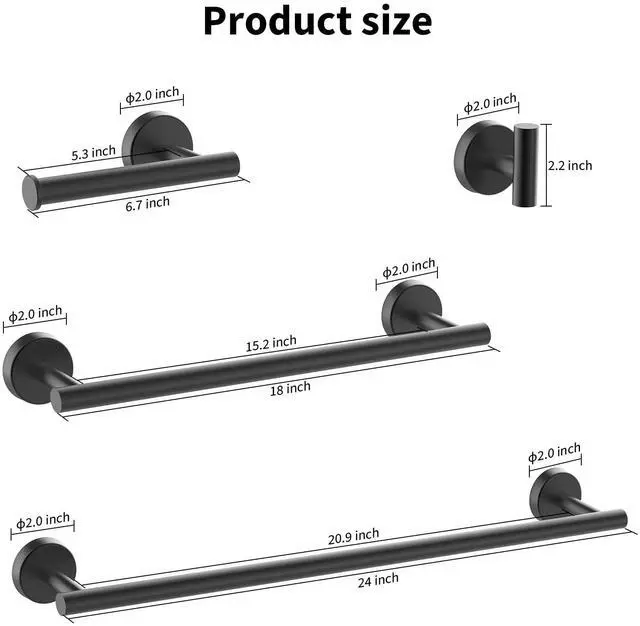 Alt view image 6 of 7 - Newfun 10 Pieces Matte Black Bathroom Hardware Set - Includes 24 inch Towel Bar, Robe Hook, Toilet Paper Holder, Stainless Steel Bathroom Accessories Set for Bathroom Wall Mounted