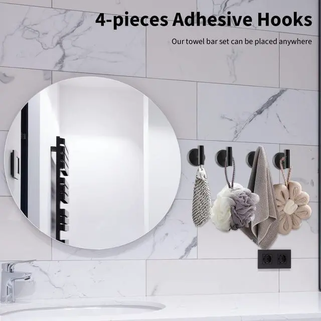 Alt view image 5 of 7 - Newfun 10 Pieces Matte Black Bathroom Hardware Set - Includes 24 inch Towel Bar, Robe Hook, Toilet Paper Holder, Stainless Steel Bathroom Accessories Set for Bathroom Wall Mounted