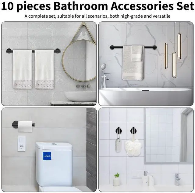 Alt view image 7 of 7 - Newfun 10 Pieces Matte Black Bathroom Hardware Set - Includes 24 inch Towel Bar, Robe Hook, Toilet Paper Holder, Stainless Steel Bathroom Accessories Set for Bathroom Wall Mounted