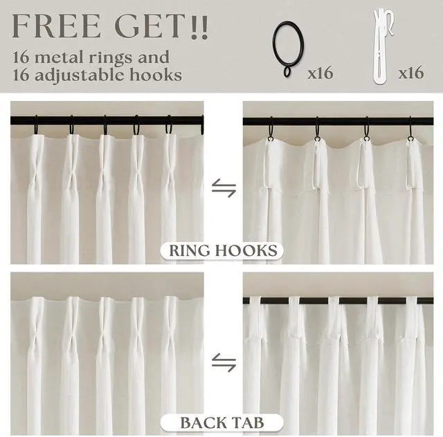 Alt view image 5 of 7 - Custom Made Pinch Pleated Linen Curtains 105 Inches Long for Living Room 2 Panels Set Cream Ivory Memory Pleated Drapes Back Tab Neutral Boho Ceiling Floor 105 Inch Window Curtains Natural Birch