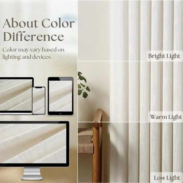 Alt view image 4 of 7 - Custom Made Pinch Pleated Linen Curtains 105 Inches Long for Living Room 2 Panels Set Cream Ivory Memory Pleated Drapes Back Tab Neutral Boho Ceiling Floor 105 Inch Window Curtains Natural Birch