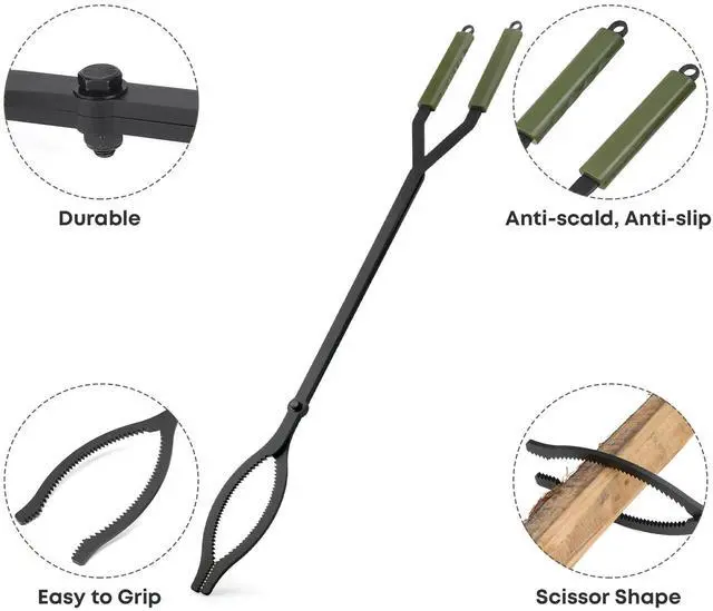 Alt view image 3 of 7 - Stanbroil 3Pcs Fire Pit Tools Set, 40" Fire Poker and Fire Log Tongs Shovel, Wrought Iron Large Fireplace Tools Set with Metal Base and Rubber Handle for Campfire Bonfire