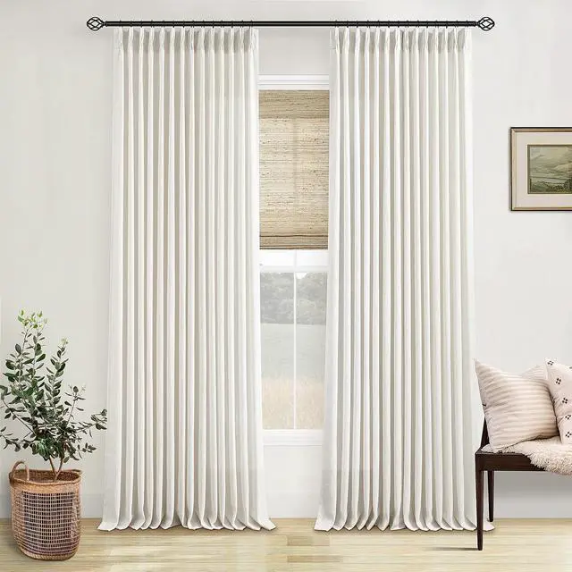 Main image of Custom Made Pinch Pleated Linen Curtains 105 Inches Long for Living Room 2 Panels Set Cream Ivory Memory Pleated Drapes Back Tab Neutral Boho Ceiling Floor 105 Inch Window Curtains Natural Birch