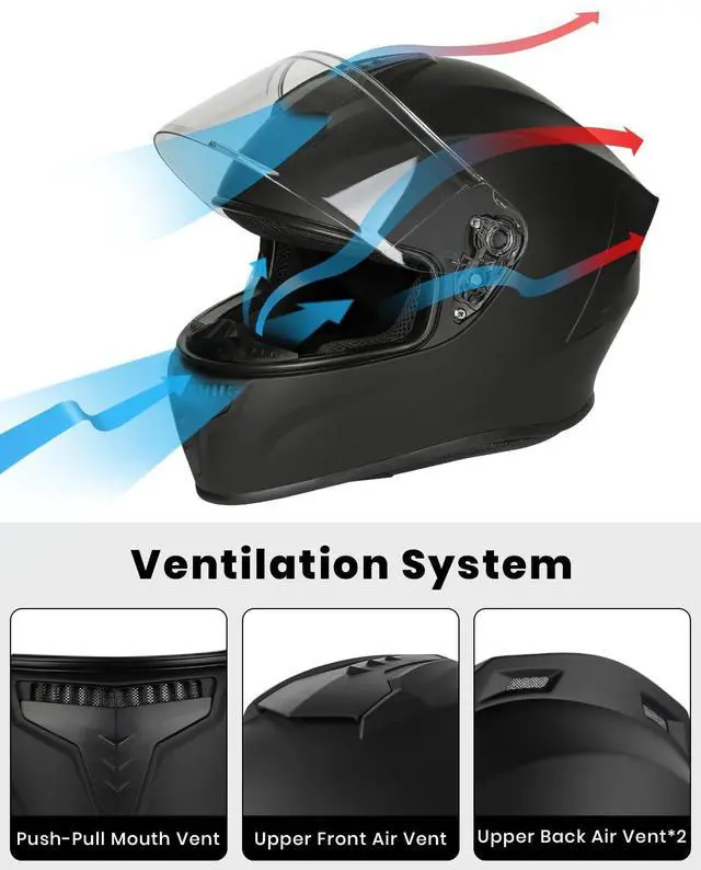 Alt view image 6 of 7 - Favoto Full Face Motorcycle Helmet DOT Approved, Cascos para Motos Snowmobile Dirt Bike Helmet for Adults Men Women, Anti-Fog Film Included, Black, Large