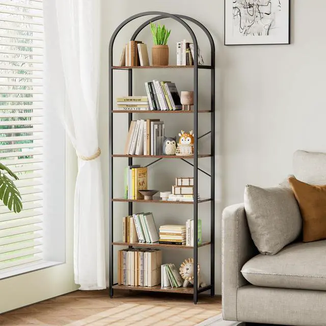 Main image of Homhedy 6-Tier Bookshelf Arched Display Racks, Wood and Metal Bookcase, Tall Bookshelf, Industrial Display Standing Shelf Unit, for Home Office, Living Room, Bedroom, Bathroom, Rustic Brown
