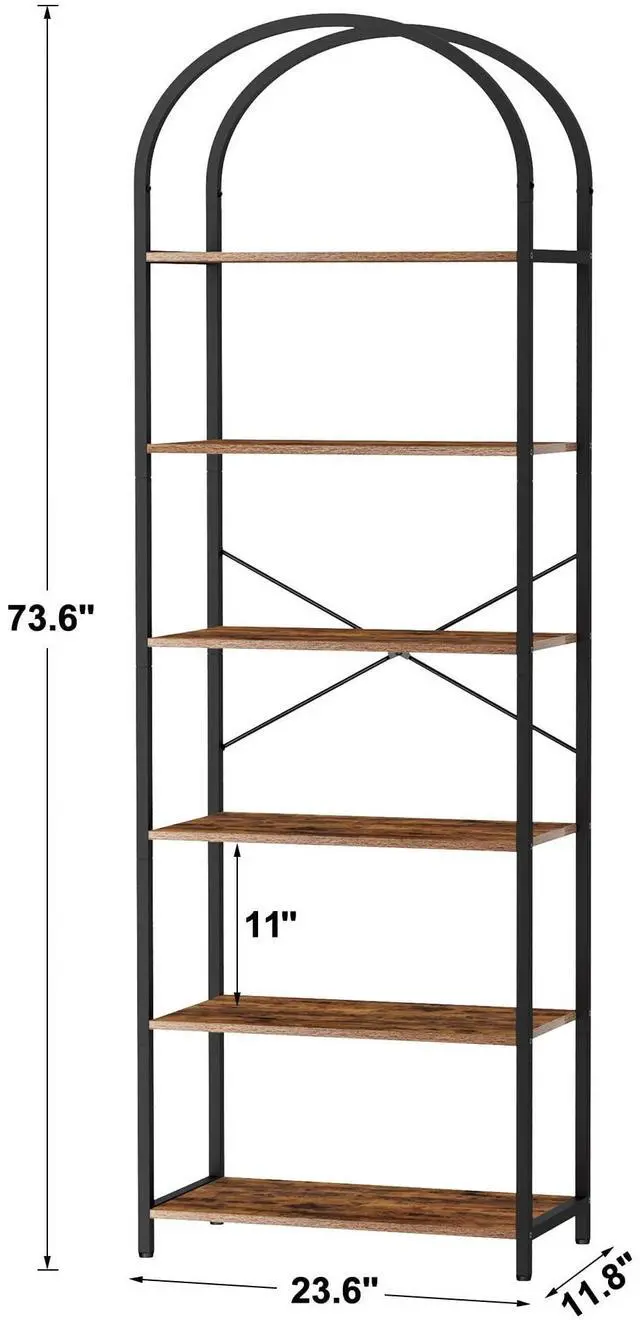 Alt view image 2 of 7 - Homhedy 6-Tier Bookshelf Arched Display Racks, Wood and Metal Bookcase, Tall Bookshelf, Industrial Display Standing Shelf Unit, for Home Office, Living Room, Bedroom, Bathroom, Rustic Brown