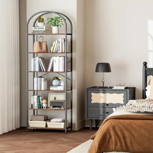 Alt view image 3 of 7 - Homhedy 6-Tier Bookshelf Arched Display Racks, Wood and Metal Bookcase, Tall Bookshelf, Industrial Display Standing Shelf Unit, for Home Office, Living Room, Bedroom, Bathroom, Rustic Brown