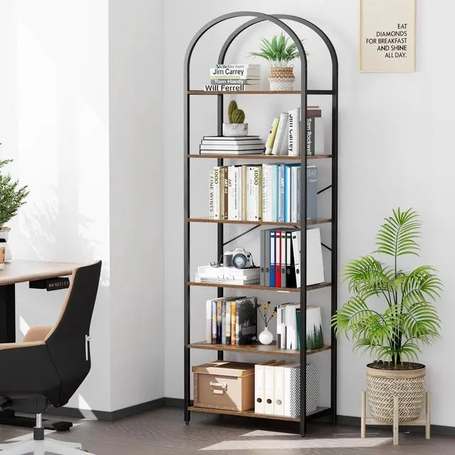 Alt view image 6 of 7 - Homhedy 6-Tier Bookshelf Arched Display Racks, Wood and Metal Bookcase, Tall Bookshelf, Industrial Display Standing Shelf Unit, for Home Office, Living Room, Bedroom, Bathroom, Rustic Brown